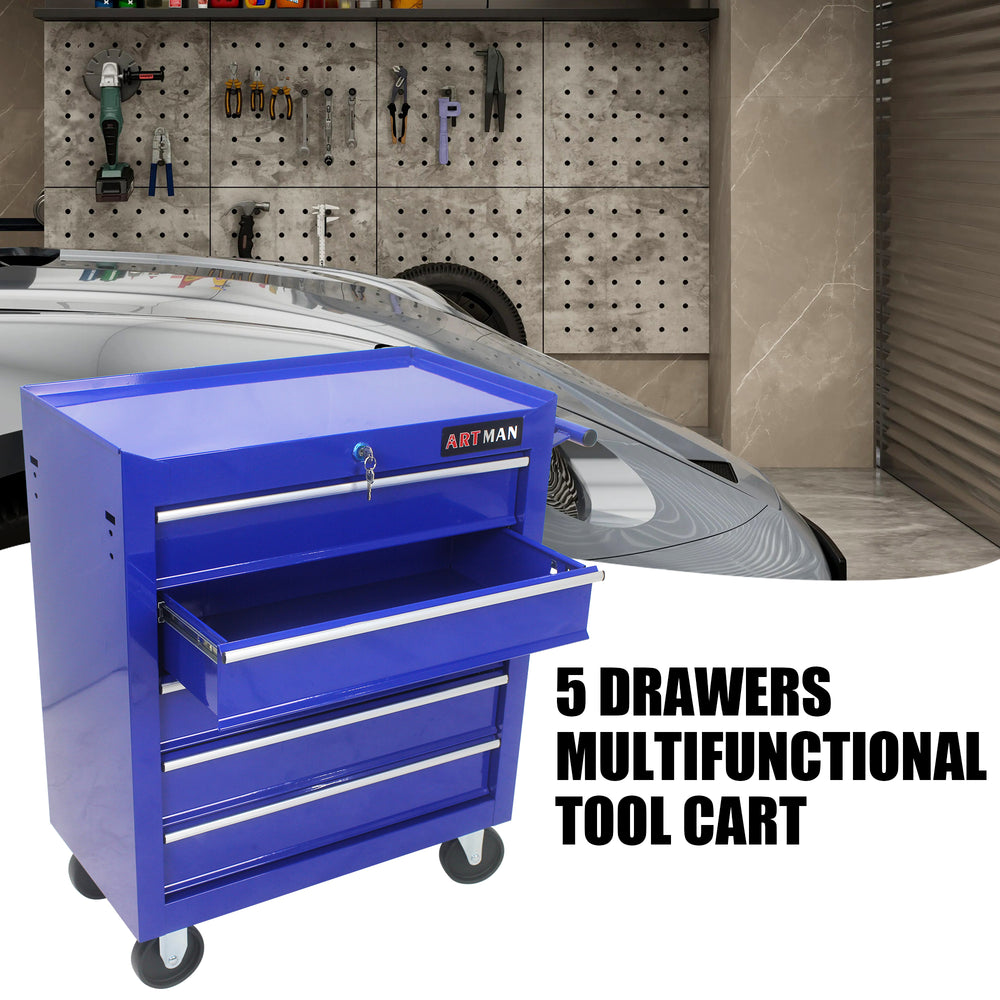 Blue Rolling Tool Cart with 5 Drawers