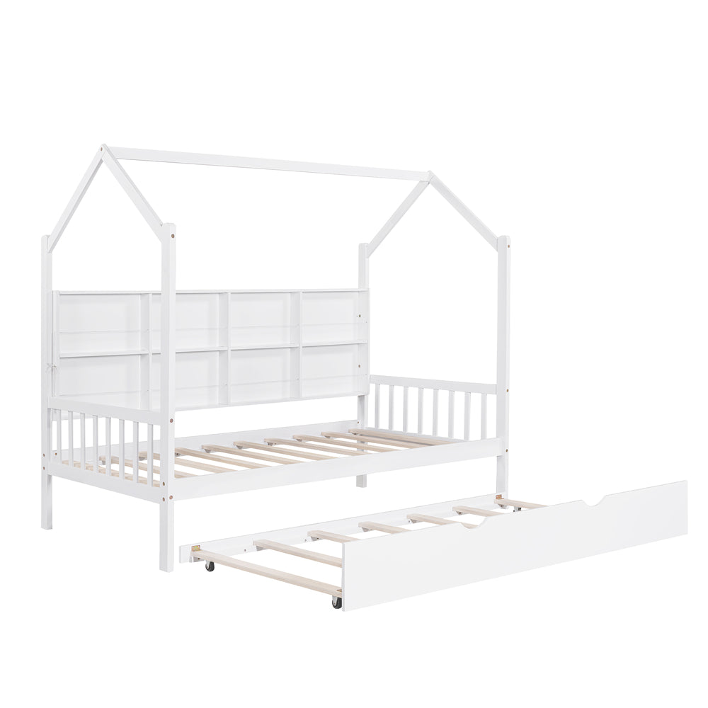 Cozy Wood House Bed with Trundle for Kids