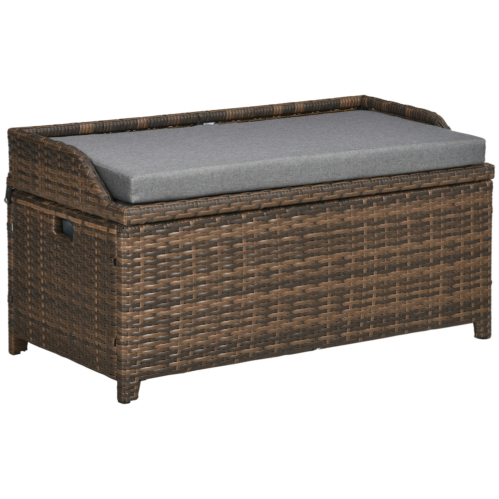 Gray Wicker Patio Storage Bench with Cushion