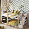 Cozy Twin House Bunk Bed with Storage Steps & 2 Fun Blackboards